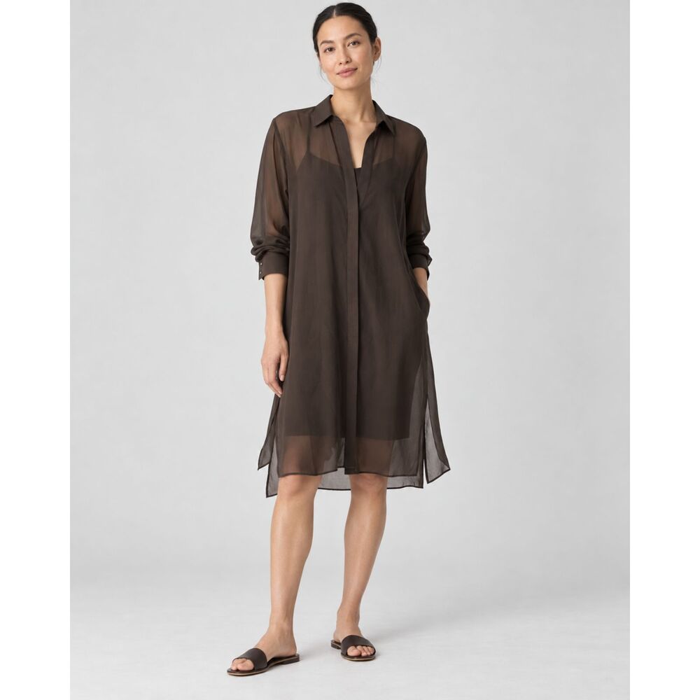 Eileen Fisher 100% Silk Georgette Shirt Dress M/M Brown Sheer Long Sleeve Tunic